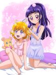  2girls :d ahoge asahina_mirai barefoot bed_sheet black_hairband blonde_hair blue_camisole blue_skirt breasts camisole closed_mouth collarbone covered_nipples hair_brushing hairband hanzou izayoi_liko kneeling long_hair mahou_girls_precure! miniskirt mofurun_(mahou_girls_precure!) multiple_girls open_mouth panties pillow pink_camisole precure purple_eyes purple_hair red_eyes see-through shiny shiny_hair short_hair sitting skirt small_breasts smile stuffed_animal stuffed_toy teddy_bear tied_hair underwear underwear_only very_long_hair white_panties 