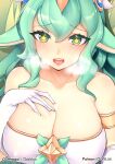  +_+ 1girl animal_ears bare_shoulders blush breasts cleavage collarbone darklux gloves green_eyes green_hair heavy_breathing horns large_breasts league_of_legends long_hair magical_girl reward_available single_horn soraka star_guardian_(league_of_legends) star_guardian_soraka tagme very_long_hair white_gloves 