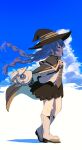  1girl absurdres black_skirt blue_eyes blue_hair blue_sky boots braid brown_cape cape closed_mouth cloud commentary_request full_body hat highres long_hair mushoku_tensei otoma_(matoi0603) pleated_skirt profile roxy_migurdia shadow shirt skirt sky solo twin_braids walking white_footwear white_shirt witch_hat 