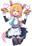  1girl :d absurdres black_legwear blonde_hair blush commentary_request dragon_girl dragon_horns eyebrows_visible_through_hair fang food full_body gloves hair_between_eyes heart highres holding holding_plate horns kobayashi-san_chi_no_maidragon long_hair looking_at_viewer maid_headdress omelet open_mouth orange_eyes plate pontasu revision simple_background slit_pupils smile solo thighhighs tohru_(maidragon) very_long_hair white_background white_gloves zettai_ryouiki 