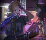  2girls android arrest blurry blurry_background commentary cyborg highres holding humanoid_robot ichiyon mechanical_arms multiple_girls neon_lights night orange_hair original outdoors police ponytail science_fiction single_mechanical_arm 
