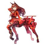  1girl :d absurdres animal_ears aqua_eyes arm_behind_head arm_up bangs blush bodice breasts brown_hair centaur commentary_request emutsuichi exoskeleton eyebrows_visible_through_hair floating_hair full_body hair_between_eyes highres horse_ears horse_girl horse_tail jacket large_breasts long_hair long_sleeves looking_at_viewer maruzensky_(umamusume) mecha_musume open_mouth pleated_skirt red_jacket red_legwear red_shirt red_skirt shirt sidelocks simple_background skirt smile solo standing standing_on_three_legs tail taur thigh_strap thighhighs umamusume white_background white_neckwear zettai_ryouiki 