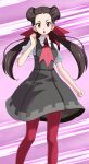  1girl black_skirt brown_hair commentary_request highres looking_at_viewer low_twintails open_mouth pantyhose pink_background pokemon pokemon_(game) pokemon_oras puffy_short_sleeves puffy_sleeves red_eyes red_legwear roxanne_(pokemon) short_sleeves skirt solo standing tsukishiro_saika twintails 