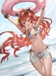  1girl 77gl ahoge bangs bare_shoulders bikini blue_bikini blush breasts collarbone eris_greyrat long_hair looking_at_viewer medium_breasts mushoku_tensei navel open_mouth red_eyes red_hair smile solo swimsuit thighs 