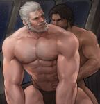  2boys abs age_difference arm_hair bara beard black_male_underwear briefs bulge chest_hair couple dark-skinned_male dark_skin facial_hair hands_on_another&#039;s_hips highres imminent_penetration interracial jang_ju_hyeon kissing_back large_pectorals male_focus male_underwear mature_male mccree_(overwatch) multiple_boys muscular muscular_male mustache navel nipples old old_man overwatch pectorals reinhardt_(overwatch) reversible_couple reward_available short_hair sideburns stomach thick_eyebrows thick_thighs thighs underwear underwear_only yaoi 