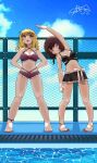  2girls anklet barefoot bikini black_bikini blonde_hair bow breasts brown_hair fence frilled_bikini frills jewelry maribel_hearn medium_breasts microskirt multiple_girls nail_polish navel no_hat no_headwear outdoors pool purple_bikini salt_(seasoning) short_hair skirt swimsuit touhou usami_renko white_bow 