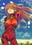  1girl arm_behind_back artist_name blonde_hair blue_eyes blue_sky blurry blush brown_hair cloud contrapposto depth_of_field eyepatch fadingz field grass hair_over_one_eye highres interface_headset looking_at_viewer neon_genesis_evangelion petals pixiv_id plugsuit pointing pointing_at_viewer rebuild_of_evangelion signature sky smile solo souryuu_asuka_langley tight 