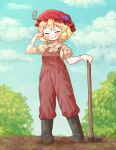  1girl adapted_costume aki_minoriko arinu bangs black_footwear blonde_hair blue_sky boots closed_eyes cloud commentary dirty dirty_clothes dirty_face eyebrows_visible_through_hair farmer food fruit full_body grapes grin hat highres holding mob_cap outdoors overalls rake red_headwear short_hair short_sleeves sky smile solo standing sweat touhou 