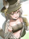  1girl :d animal_ears arknights bandeau bare_shoulders beanstalk_(arknights) black_choker breasts brown_eyes choker cleavage collarbone ears_through_headwear fedora gloves grey_hair grey_shirt hat highres hyena_ears hyena_girl hyena_tail infection_monitor_(arknights) long_hair long_sleeves looking_at_viewer medium_breasts midriff navel off_shoulder open_clothes open_mouth open_shirt shirt single_glove smile solo stomach strapless striped striped_shirt sweat tail tubetop upper_body yukinoshiro 