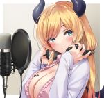  1girl bangs blonde_hair blue_eyes blush breasts cleavage commentary_request demon_girl demon_horns eyebrows_visible_through_hair eyes_visible_through_hair frilled_shirt frills hair_ribbon hands_up headphones headphones_around_neck highres holding holding_headphones hololive horns labcoat large_breasts long_hair long_sleeves looking_at_viewer makinan microphone parted_lips pink_shirt pointy_ears ribbon shirt simple_background solo swept_bangs upper_body virtual_youtuber white_ribbon wings yuzuki_choco 