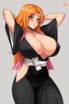  1girl :o absurdres areolae arms_up bleach breasts cameltoe cleft_of_venus covered_nipples eyes_visible_through_hair highres huge_breasts jewelry jmg long_hair looking_at_viewer matsumoto_rangiku mole mole_under_mouth necklace nipples open_clothes open_mouth orange_hair purple_eyes robe shiny shiny_skin simple_background white_background 
