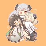  &gt;_&lt; 3girls :&lt; ahoge ankleband arknights black_footwear blonde_hair blush brown_hair chibi coat commentary demon_horns demon_tail dragon_horns feather_hair grey_hair horns hug ifrit_(arknights) infection_monitor_(arknights) long_hair multiple_girls orange_background orange_eyes oripathy_lesion_(arknights) owl_ears ramune_(ramu33) saria_(arknights) semi-rimless_eyewear short_hair short_twintails sidelocks silence_(arknights) simple_background symbol-only_commentary tail twintails under-rim_eyewear white_coat yellow_eyes 