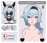 1girl animal_ears bangs bdsm blindfold blue_hair bondage bound breasts chain collar crying crying_with_eyes_open eula_(genshin_impact) gag genshin_impact heart heart-shaped_pupils horse_ears horse_girl large_breasts nose_hook null_number patreon_username pet_play pony_girl pony_play restrained slave smile symbol-shaped_pupils tears tied_up 