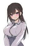  1girl black_hair blush breasts calm_mashiro collared_shirt hair_between_eyes hair_ornament hairclip large_breasts long_hair looking_at_viewer original purple_eyes shirt simple_background sketch smile solo upper_body white_background 