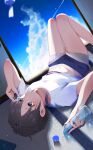  absurdres bare_legs black_hair blue_shorts blue_sky blurry cellphone condensation_trail depth_of_field dolphin_shorts dutch_angle highres huge_filesize idolmaster idolmaster_cinderella_girls idolmaster_cinderella_girls_starlight_stage iphone knees_up lala_(tnre7287) lying marble midriff midriff_peek navel on_back otokura_yuuki phone ramune shirt short_hair shorts sky smartphone summer tatami teardrop underpants upside-down white_shirt 