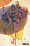  2girls bangs bare_legs beach beach_towel beach_umbrella bikini bikini_skirt blue_bikini blue_footwear blue_hair blue_nails blue_skirt blunt_bangs braid breasts brown_eyes cleavage closed_umbrella commentary cross-laced_clothes crossed_legs crown_braid day detached_sleeves english_commentary eyebrows_visible_through_hair fire_emblem fire_emblem:_three_houses fire_emblem_heroes from_above full_body furrowed_brow green_little halterneck hat hat_removed headwear_removed high_heels hilda_valentine_goneril holding holding_eyewear legs_together long_hair looking_at_another looking_down lying marianne_von_edmund medium_breasts medium_hair multiple_girls nail_polish navel official_alternate_costume on_back open_mouth outdoors patreon_logo patreon_username picnic_basket pink_bikini pink_eyes pink_hair red_bikini red_footwear sand_castle sand_sculpture sandals sarong see-through_sleeves shade sidelocks sitting skirt smile stomach straw_hat sunglasses sunlight swimsuit thighs towel twintails umbrella watermark web_address 