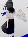  1girl asymmetrical_wings black_hair black_skirt blue_legwear blue_neckwear commentary_request feathered_wings feet_out_of_frame grey_background highres long_hair medium_skirt neckerchief original pleated_skirt sailor_collar sailor_shirt school_uniform serafuku shirt short_sleeves skirt socks solo tsubame-shi_(tubame) white_shirt wings 