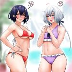  2girls bikini black_hair blue_eyes blurry blurry_background breasts collarbone covered_nipples cowboy_shot flat_chest flower frilled_bikini frills groin hair_flower hair_ornament hand_on_hip heart highres konno_junko large_breasts lips looking_at_viewer low_twintails medium_breasts mizuno_ai multiple_girls navel purple_bikini red_bikini red_eyes short_hair side-tie_bikini simple_background spoken_heart superslyme swimsuit translation_request twintails white_background white_hair zombie_land_saga 