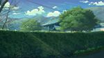  architecture blue_sky cloud commentary condensation_trail day east_asian_architecture hedge_(plant) highres kamo_nasus. light_rays mountain no_humans original outdoors power_lines scenery shrine sky sunlight tree 