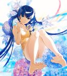  1girl bangs bare_legs barefoot blue_eyes blue_flower blue_hair flower full_body hand_up hydrangea knees_up long_hair one-piece_swimsuit original pink_flower red_nails signature solo swimsuit umishima_senbon very_long_hair yellow_swimsuit 