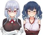  &gt;:) 2girls absurdres bangs bare_shoulders bespectacled black-framed_eyewear black_cardigan blue_hair blush breast_hold breasts bridal_gauntlets cardigan closed_mouth collared_shirt crossed_arms drill_hair elbow_gloves eyebrows_visible_through_hair glasses gloves hair_between_eyes hair_ornament hairclip hakase_fuyuki highres jacket japanese_clothes kimono large_breasts long_hair long_sleeves looking_at_viewer low_twintails multiple_girls nijisanji obi off_shoulder open_clothes open_jacket parted_lips red-framed_eyewear red_eyes red_gloves red_ribbon ribbon sash semi-rimless_eyewear shirt silver_hair simple_background sleeveless sleeveless_kimono smug twintails tyoko_tanuki16 under-rim_eyewear upper_body v-shaped_eyebrows virtual_youtuber white_background white_gloves white_jacket white_kimono white_shirt yamagami_karuta yellow_eyes 