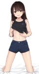  1girl :d akipeko bangs bare_arms bare_legs bare_shoulders bed_sheet black_shirt black_shorts blush brown_eyes brown_hair clothes_lift collarbone commentary eyebrows_visible_through_hair full_body highres kneeling long_hair looking_at_viewer navel open_mouth original shirt shirt_lift short_shorts shorts simple_background sleeveless smile solo stomach white_background 