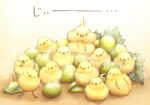  animal beak bird chick eating food fruit grapes leaf looking_at_viewer lying no_humans on_back original puffy_cheeks simple_background standing talons yellow_feathers yoshiyanmisoko 