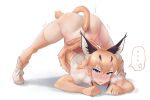  1girl absurdres anger_vein animal_ears arched_back arm_rest ass bangs bare_shoulders black_hair blush breath broccoli_(broccoli2626) caracal_(kemono_friends) dimples_of_venus elbow_gloves extra_ears eyebrows_visible_through_hair flexible full_body furrowed_brow gloves hair_between_eyes hands_on_ground high-waist_skirt highres jack-o&#039;_challenge kemono_friends looking_at_viewer medium_hair meme multicolored_hair no_panties nose_blush orange_hair parted_lips pose purple_eyes shadow shirt shoes sidelocks simple_background skirt sleeveless sleeveless_shirt solo spoken_anger_vein spread_legs stretch sweat tail thighhighs top-down_bottom-up trembling two-tone_hair white_background 