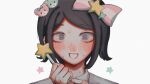  1girl bangs bear_hair_ornament black_hair blush bow cfbs1vykihkwxbw collared_shirt crazy_eyes danganronpa:_trigger_happy_havoc danganronpa_(series) grey_shirt hair_bow hair_ornament hand_up holding ikusaba_mukuro open_mouth pink_bow portrait shirt short_hair simple_background solo star_(symbol) star_hair_ornament sweat white_background 