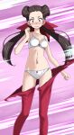  1girl :o bare_arms blush bow bow_bra bow_panties bra breasts brown_hair cleavage collarbone hair_ribbon highres long_hair looking_at_viewer navel no_pants no_shirt open_mouth panties pokemon pokemon_(game) pokemon_oras purple_background red_bow red_eyes red_legwear red_ribbon ribbon roxanne_(pokemon) small_breasts solo sweat sweatdrop tearing_up tears torn_clothes torn_legwear tsukishiro_saika twintails underwear underwear_only white_bra white_panties wide-eyed 