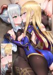  ahoge areolae ass bangs bare_shoulders blonde_hair blue_eyes blush braid breasts closed_eyes cosplay covered_nipples earrings eye_contact face-to-face fate/grand_order fate_(series) french_braid ganyu_(genshin_impact) ganyu_(genshin_impact)_(cosplay) genshin_impact gray_(fate) green_eyes grey_hair hair_bun hand_on_another&#039;s_shoulder heart holding_hands horns imminent_kiss interlocked_fingers jewelry kiss long_hair looking_at_another lord_el-melloi_ii_case_files mona_(genshin_impact) mona_(genshin_impact)_(cosplay) nipples open_mouth pantyhose parted_lips reines_el-melloi_archisorte sekai_saisoku_no_panda sweat sweatdrop thighs yuri 