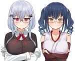  &gt;:) 2girls absurdres bangs bare_shoulders bespectacled black-framed_eyewear black_cardigan blue_hair blush breast_hold breasts bridal_gauntlets cardigan collared_shirt crossed_arms drill_hair elbow_gloves eyebrows_visible_through_hair glasses gloves hair_between_eyes hair_ornament hairclip hakase_fuyuki highres jacket japanese_clothes kimono large_breasts long_hair long_sleeves looking_at_viewer low_twintails multiple_girls nijisanji obi off_shoulder open_clothes open_jacket red-framed_eyewear red_eyes red_gloves red_ribbon ribbon sash semi-rimless_eyewear shirt silver_hair simple_background sleeveless sleeveless_kimono smug twintails tyoko_tanuki16 under-rim_eyewear upper_body v-shaped_eyebrows virtual_youtuber white_background white_gloves white_jacket white_kimono white_shirt yamagami_karuta yellow_eyes 