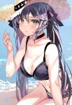  1girl absurdres bangs bare_shoulders beach bikini black_bikini black_hair blush breasts cleavage collarbone genshin_impact green_eyes hat highres large_breasts long_hair looking_at_viewer mona_(genshin_impact) navel shore solo straw_hat swimsuit temir thighs twintails 