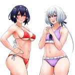  2girls bikini black_hair blue_eyes breasts collarbone commentary_request covered_nipples cowboy_shot flat_chest flower frilled_bikini frills groin hair_flower hair_ornament hand_on_hip highres konno_junko large_breasts lips looking_at_viewer low_twintails medium_breasts mizuno_ai multiple_girls navel purple_bikini red_bikini red_eyes short_hair side-tie_bikini simple_background superslyme swimsuit twintails white_background white_hair zombie_land_saga 