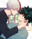  2boys bangs black_hair black_shirt blurry blurry_background boku_no_hero_academia closed_mouth commentary_request dutch_angle eye_contact freckles green_eyes green_hair grey_hair grey_shirt hand_on_another&#039;s_neck highres long_sleeves looking_at_another male_focus midoriya_izuku multicolored_hair multiple_boys noizu_(noi_hr) profile red_hair shirt short_hair smile todoroki_shouto translation_request two-tone_hair upper_body white_background yaoi 