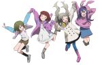  4girls :3 ^_^ ^o^ closed_eyes folded_leg handa_roko highres holding_hands idolmaster idolmaster_million_live! idolmaster_million_live!_theater_days interlocked_fingers itohari_(mamiiori1) jumping looking_at_another mochizuki_anna multiple_girls nagayoshi_subaru nonohara_akane outstretched_arms simple_background v white_background 