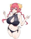  1girl artist_name bangs bare_shoulders bikini bikini_bottom black_swimsuit breasts cleavage closed_mouth commentary cowboy_shot cropped_legs dragon_girl dragon_horns fang hands_up horns ilulu_(maidragon) kobayashi-san_chi_no_maidragon large_breasts long_hair navel oppai_loli pink_eyes pink_hair pointy_ears relaxjon side-tie_bikini simple_background smile solo standing swimsuit twintails white_background 