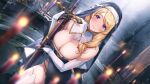  1girl bare_shoulders black_dress blonde_hair blurry blush breasts bridal_gauntlets candle cleavage depth_of_field dress elbow_gloves gloves habit hair_over_shoulder highres hiyashi_yaki holding holding_sword holding_weapon large_breasts long_hair looking_at_viewer non-web_source nun original parted_lips pink_hair smile solo sword tareme thighhighs weapon white_legwear 