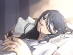  1girl black_hair blue_eyes blurry blurry_background commentary hair_in_mouth highres light_particles long_hair lying nanaponi on_back on_bed original pillow solo under_covers upper_body 