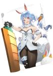  1girl :d absurdres animal_ear_fluff animal_ears armpits bangs bare_shoulders black_gloves black_legwear black_leotard blue_hair blurry blurry_foreground braid breasts bunny-shaped_pupils carrot carrot_hair_ornament cowboy_shot depth_of_field detached_sleeves don-chan_(usada_pekora) dress food-themed_hair_ornament from_below fur-trimmed_gloves fur_trim gloves hair_ornament highres hikimayu holding_carrot hololive kotoribako leotard long_hair looking_at_viewer looking_down multicolored_hair nousagi_(usada_pekora) open_mouth orange_eyes pantyhose puffy_short_sleeves puffy_sleeves rabbit_ears rabbit_girl round_teeth short_eyebrows short_sleeves small_breasts smile strapless strapless_leotard teeth thick_eyebrows thigh_strap twin_braids two-tone_hair upper_teeth usada_pekora v-shaped_eyebrows virtual_youtuber white_dress white_hair 