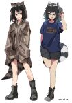  1girl alternate_costume animal_ears black_hair black_shorts blue_shirt boots brown_jacket casual commentary_request common_raccoon_(kemono_friends) eyebrows_visible_through_hair grey_hair highres jacket kemono_friends long_sleeves multicolored_hair multiple_views nanana_(nanana_iz) raccoon_ears raccoon_girl raccoon_tail shirt short_hair short_sleeves shorts standing standing_on_one_leg t-shirt tail 