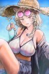  1girl absurdres animal_ear_fluff animal_ears aqua_nails arknights bangs bare_shoulders beach bikini black_jacket blonde_hair blue_background blush braid breasts cleavage commentary_request crazy_straw cup day drinking_glass drinking_straw eyewear_on_head hachiko_(0088) hair_ornament hairclip hat heart_straw highres holding holding_cup jacket jewelry large_breasts long_sleeves nail_polish necklace official_alternate_costume open_clothes open_jacket open_mouth purple_eyes short_hair side_braid single_braid sitting solo straw_hat striped striped_bikini sunglasses sweat swimsuit tail thighs tinted_eyewear utage_(arknights) utage_(summer_flowers)_(arknights) vertical-striped_bikini vertical_stripes weapon wet wet_clothes white_bikini wide_sleeves x_hair_ornament 
