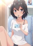  1girl absurdres artist_name bangs bedroom black_bra black_eyes black_hair black_panties blurry blurry_background bra cellphone commentary depth_of_field food_in_mouth greater_lophorina_(kemono_friends) highres holding holding_phone indoors japari_symbol kemono_friends knee_up looking_at_viewer mouth_hold no_pants panties phone shiraha_maru shirt short_hair short_sleeves signature sitting smartphone solo strap_slip t-shirt underwear white_shirt 