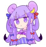  1girl blue_bow blue_ribbon bow breasts capelet cleavage crescent crescent_hair_ornament crescent_pin double_bun dress hair_ornament long_hair no_headwear op_na_yarou patchouli_knowledge purple_bow purple_eyes purple_hair red_bow red_ribbon ribbon simple_background solo striped striped_dress touhou vertical-striped_dress vertical_stripes very_long_hair white_background 