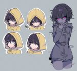  1girl :| bangs black_hair blue_eyes blush clming closed_mouth downcast_eyes eyebrows_visible_through_hair glitch glowing glowing_eyes grey_background hair_between_eyes half-closed_eyes hand_to_own_mouth hood hood_down hood_up little_nightmares looking_at_viewer looking_down looking_up multiple_views naughty_face purple_eyes raincoat romaji_text shaded_face short_hair shorts six_(little_nightmares) smile surprised sweatdrop translated wide-eyed 