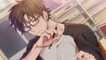  1boy ace_of_diamond black_shirt blush brown_eyes brown_hair closed_mouth glasses holding holding_pen looking_at_viewer male_focus miyuki_kazuya pen sato_(sato_1_11) shirt short_hair solo two-tone_shirt upper_body white_shirt 