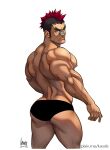  1boy ass bandaid bandaid_on_nose bara black_hair black_male_underwear briefs cropped_legs dark-skinned_male dark_skin earrings forked_eyebrows from_behind henry_partum jewelry kill_la_kill kinagase_tsumugu large_pectorals long_sideburns looking_at_viewer looking_back male_focus male_underwear mature_male mohawk multicolored_hair muscular muscular_male nipples pectorals reward_available short_hair sideburns solo thighs two-tone_hair underwear underwear_only 
