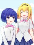  2girls absurdres alternate_hair_length alternate_hairstyle blonde_hair blue_skirt bob_cut breasts commentary_request furude_rika hairband hazumi_otoya highres higurashi_no_naku_koro_ni houjou_satoko long_hair multiple_girls purple_eyes school_uniform shirt short_hair simple_background skirt upper_body white_background white_shirt 