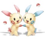  :d commentary_request gen_3_pokemon highres holding_hands looking_at_viewer minun no_humans open_mouth plusle pokemon pokemon_(creature) sai_(saiman_00) smile standing tongue 