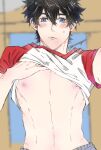  1boy abs black_hair blue_eyes blurry blush closed_mouth clothes_lift depth_of_field hanagaki_takemichi highres lifted_by_self looking_at_viewer male_focus navel nipples raglan_sleeves self_exposure selfie shirt shirt_lift short_sleeves smile suzumega22 tokyo_revengers toned toned_male 